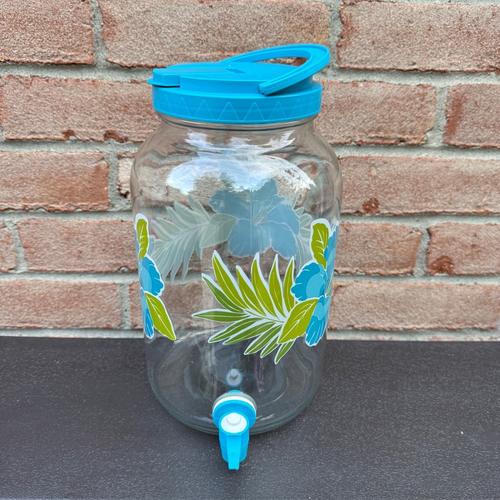 Vintage Blue Hibiscus Glass Sun Tea Jar 1 Gallon Beverage Dispenser Spigot READ